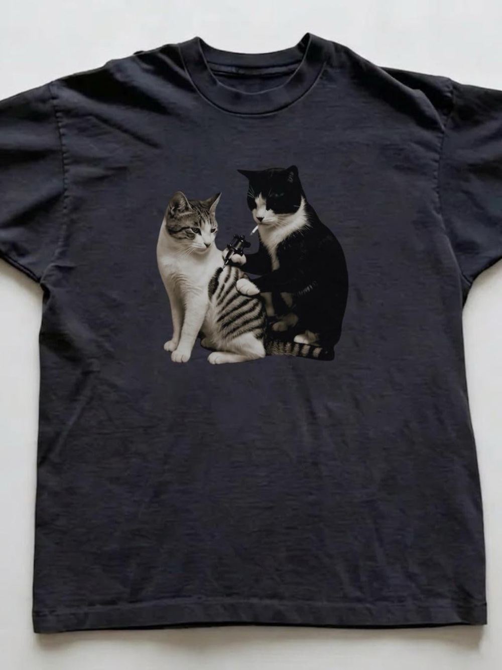 Gildan Black Tee with Two-Cat Tattoo Graphic
